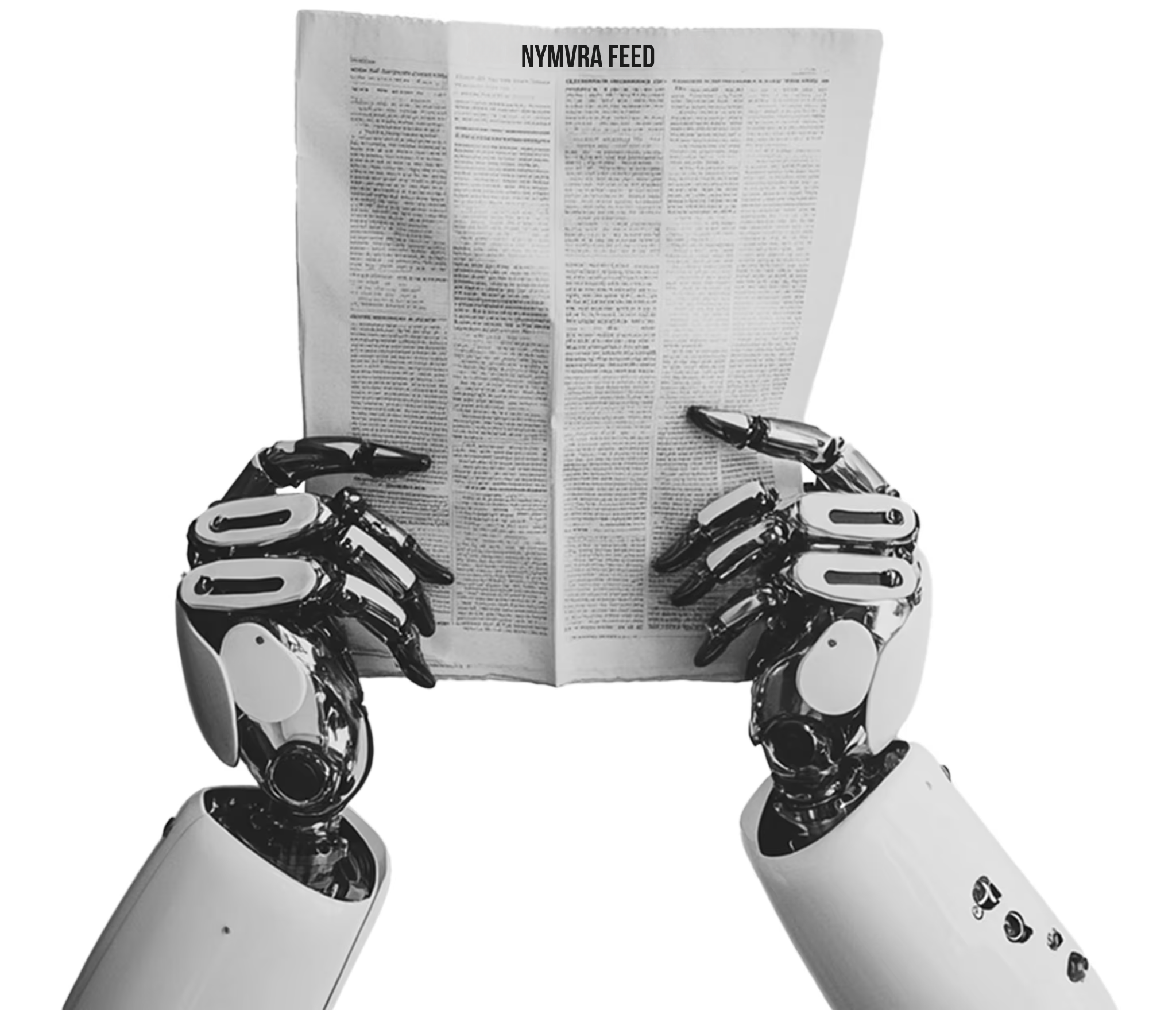 Robot hands reading a newspaper.